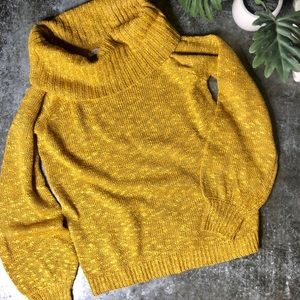 Mustard Yellow Marled Cowl Turtleneck Balloon Sleeve Sweater